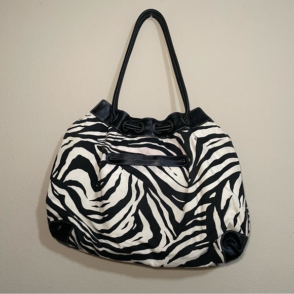Brighton Zebra Print Canvas Embroidery Floral Shoulder Bag Black Leather Trim - Picture 3 of 11